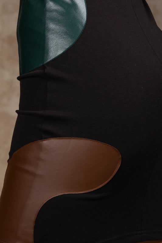 PLVNTD Black and brown dress with green leaf design